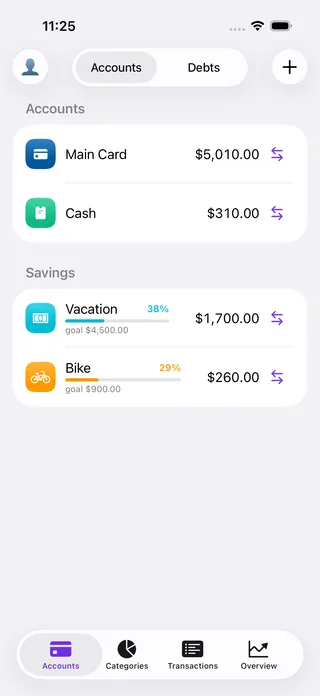 Your Money app showing account balances and savings goal progress
